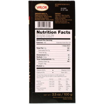 Valor, Intense Dark Chocolate, 70% Cacao, 3.5 oz (100 g)