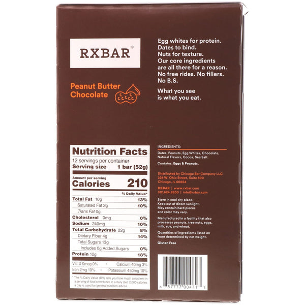 RXBAR, Protein Bars, Peanut Butter Chocolate, 12 Bars, 1.83 oz (52 g) Each - The Supplement Shop