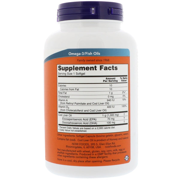 Now Foods, Cod Liver Oil, 1,000 mg, 180 Softgels - The Supplement Shop