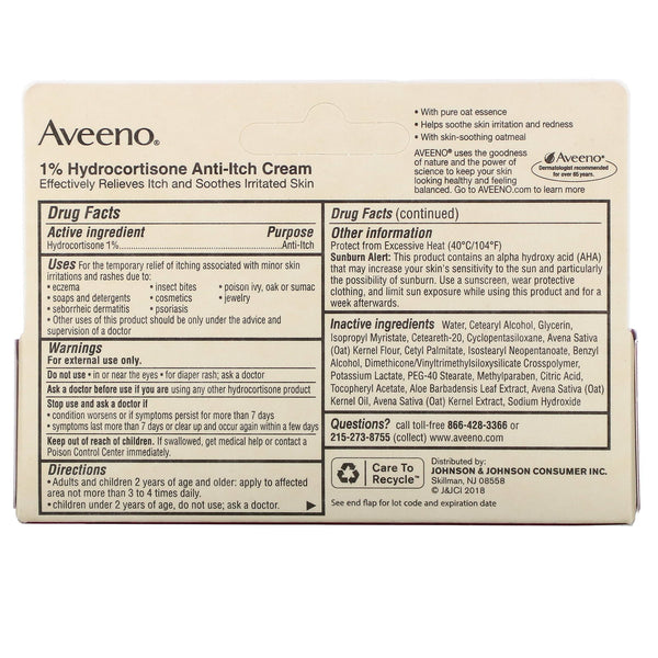 Aveeno, Active Naturals, 1% Hydrocortisone, Anti-Itch Cream, 1 oz (28 g) - The Supplement Shop