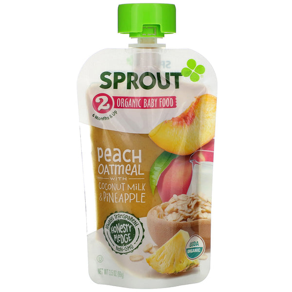 Sprout Organic, Baby Food, 6 Months & Up, Peach Oatmeal with Coconut Milk & Pineapple, 3.5 oz (99 g) - The Supplement Shop