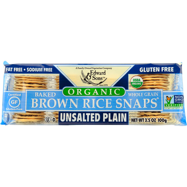 Edward & Sons, Organic, Baked Whole Grain Brown Rice Snaps, Unsalted Plain, 3.5 oz (100 g) - The Supplement Shop