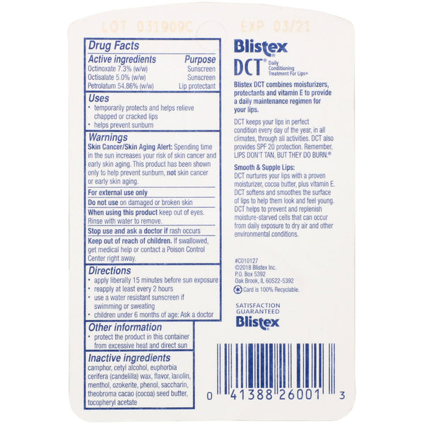 Blistex, DCT (Daily Conditioning Treatment) for Lips, SPF 20, 0.25 oz (7.08 g) - The Supplement Shop