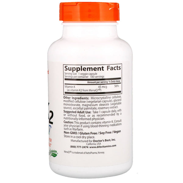 Doctor's Best, Natural Vitamin K2 MK-7 with MenaQ7, 45 mcg, 180 Veggie Caps - The Supplement Shop