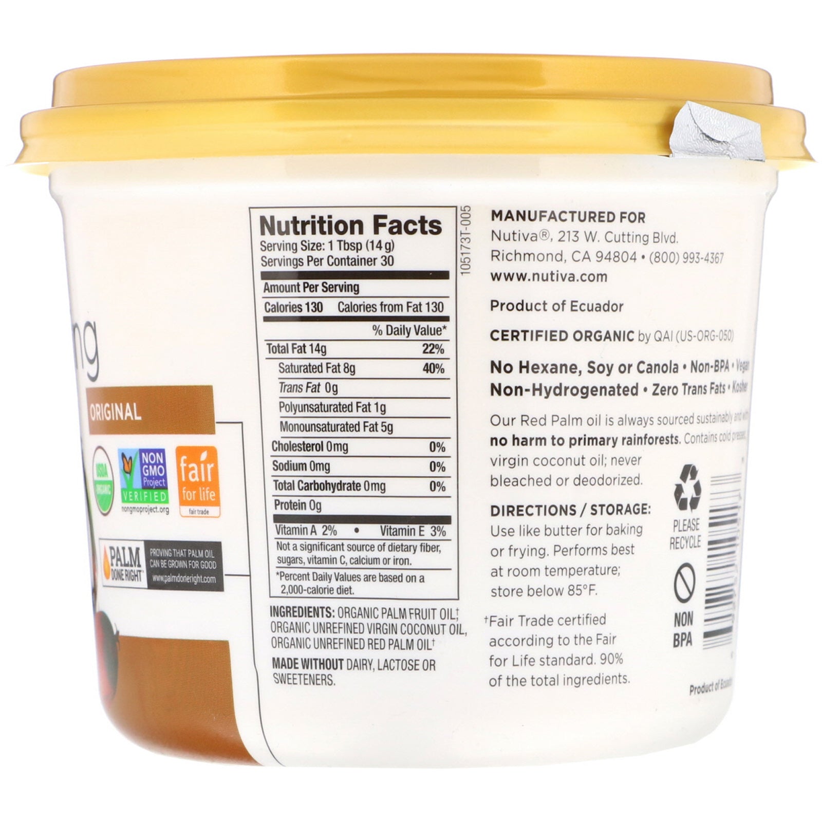 coconut palm shortening Nutiva, Organic Shortening, Original, Red Palm and Coconut Oils, 15 oz