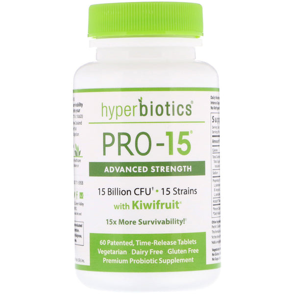 Hyperbiotics, PRO-15, Advanced Strength with Kiwifruit, 15 Billion CFU, 60 Patented, Time-Release Tablets - The Supplement Shop