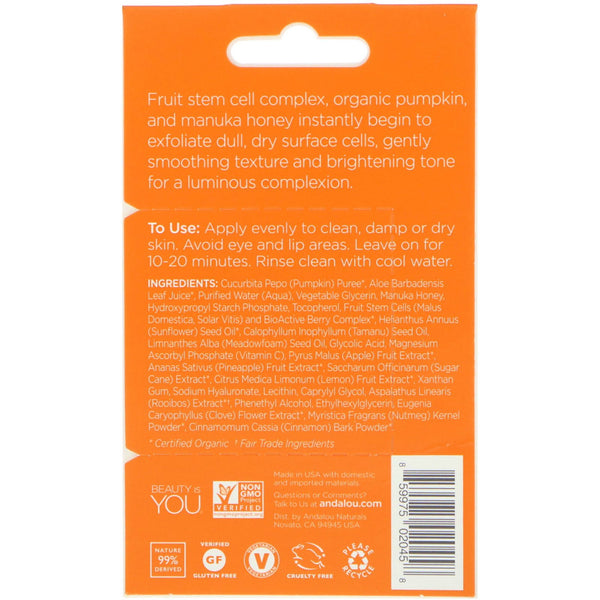 Andalou Naturals, Instant Brightening Face Mask, Pumpkin and Honey, .28 oz (8 g) - The Supplement Shop