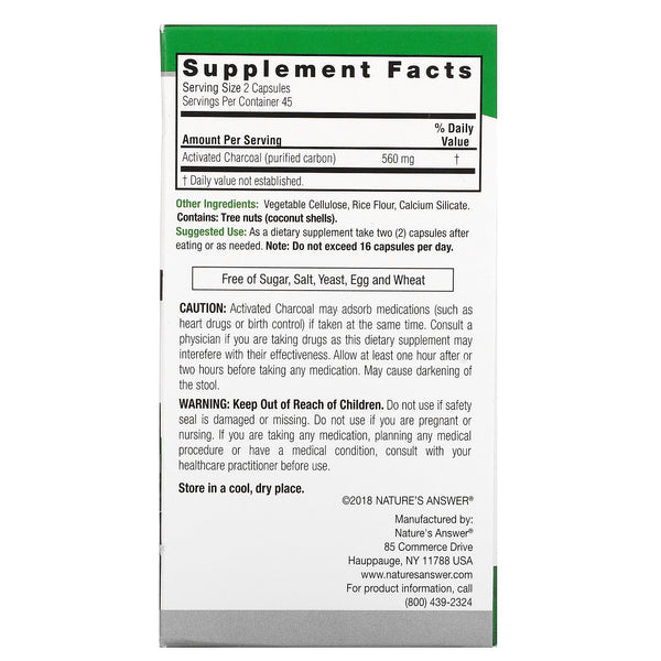 Nature's Answer, Charcoal, Activated Purified Carbon, 560 mg, 90 Vegetable Capsules - The Supplement Shop