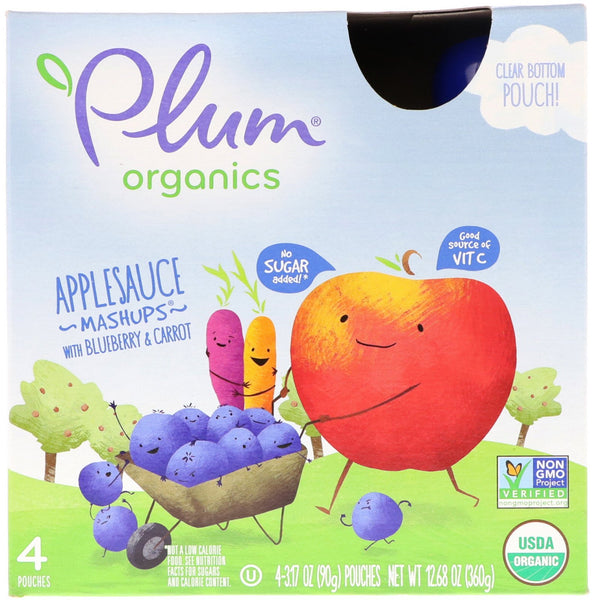 Plum Organics, Organics, Applesauce Mashups with Blueberry & Carrot , 4 Pouches, 3.17 oz (90 g) Each - The Supplement Shop