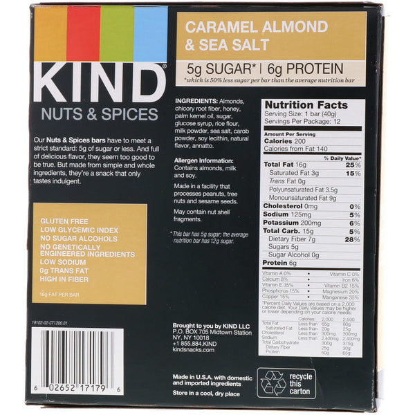 KIND Bars, Nuts & Spices, Caramel Almond & Sea Salt, 12 Bars, 1.4 oz (40 g) Each - The Supplement Shop