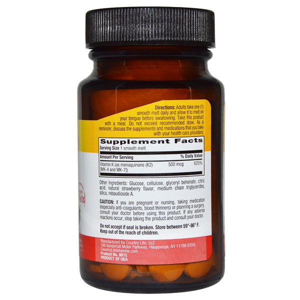 Country Life, Certified Vegan K2, Strawberry, 500 mcg, 60 Smooth Melts - The Supplement Shop