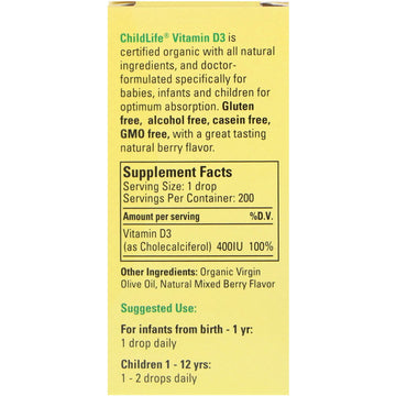 ChildLife, Organic Vitamin D3 Drops, Natural Berry Flavor, 400 IU, 0.338 fl oz (10 ml)