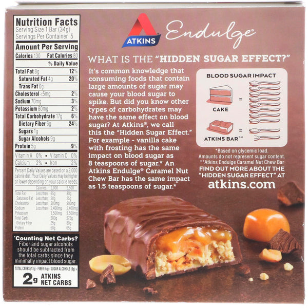 Atkins, Endulge, Caramel Nut Chew Bar, 5 Bars, 1.2 oz (34 g) Each - The Supplement Shop