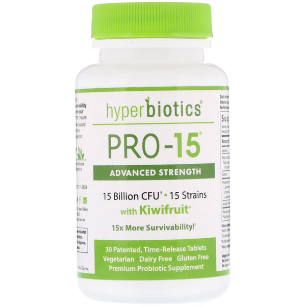 Hyperbiotics, PRO-15, Advanced Strength with Kiwifruit, 15 Billion CFU, 30 Patented Time-Release Tablets - The Supplement Shop
