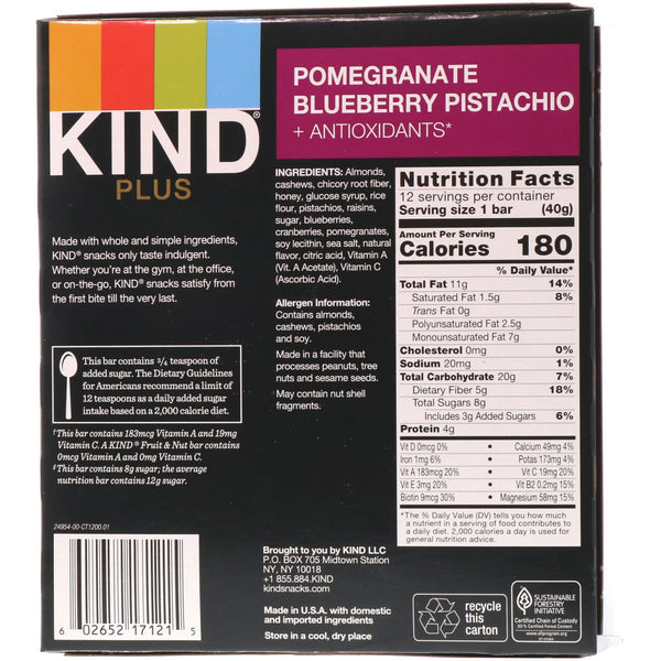 KIND Bars, Kind Plus, Pomegranate Blueberry Pistachio + Antioxidants, 12 Bars, 1.4 oz (40 g) Each - The Supplement Shop