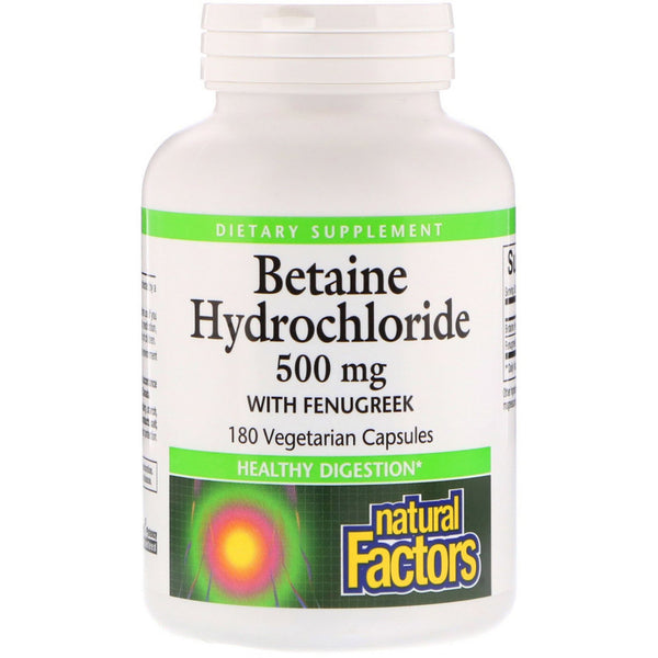 Natural Factors, Betaine Hydrochloride with Fenugreek, 500 mg, 180 Vegetarian Capsules - The Supplement Shop