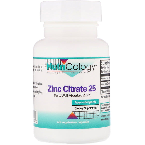 Nutricology, Zinc Citrate 25, 60 Vegetarian Capsules - The Supplement Shop