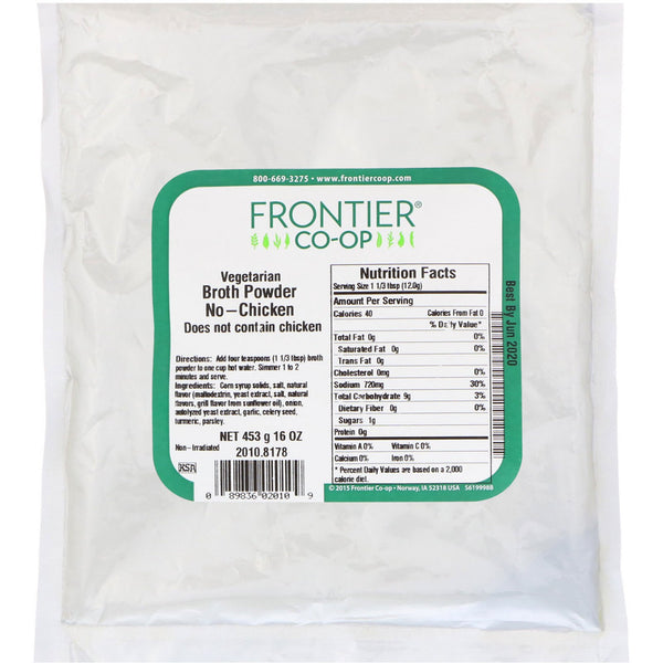 Frontier Natural Products, Vegetarian Broth Powder, No-Chicken, 16 oz (453 g) - The Supplement Shop