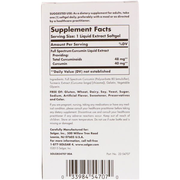 Solgar, Full Spectrum Curcumin, 60 Liquid Extract Softgels - The Supplement Shop
