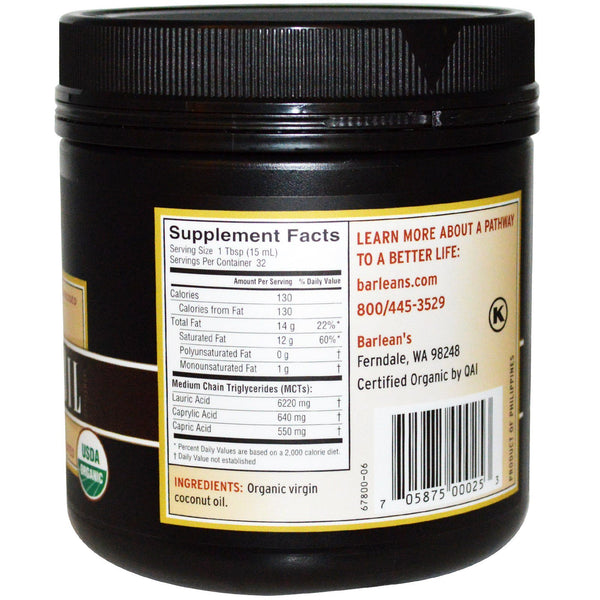 Barlean's, Organic Virgin Coconut Oil, 16 fl oz (473 ml) - The Supplement Shop
