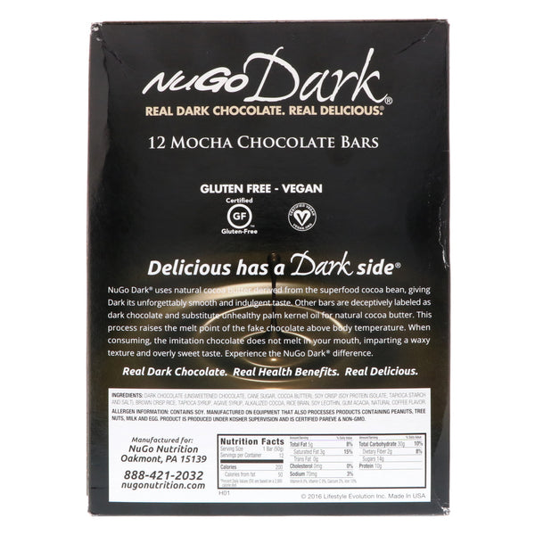 NuGo Nutrition, NuGo Dark, Protein Bars, Mocha Chocolate, 12 Bars, 1.76 oz (50 g) Each - The Supplement Shop