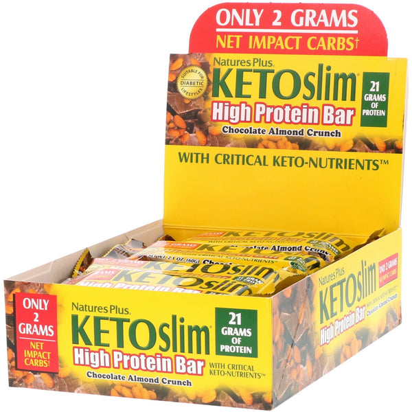 Nature's Plus, Ketoslim, High Protein Bar, Chocolate Almond Crunch, 12 Bars, 2.1 oz (60 g) Each - The Supplement Shop