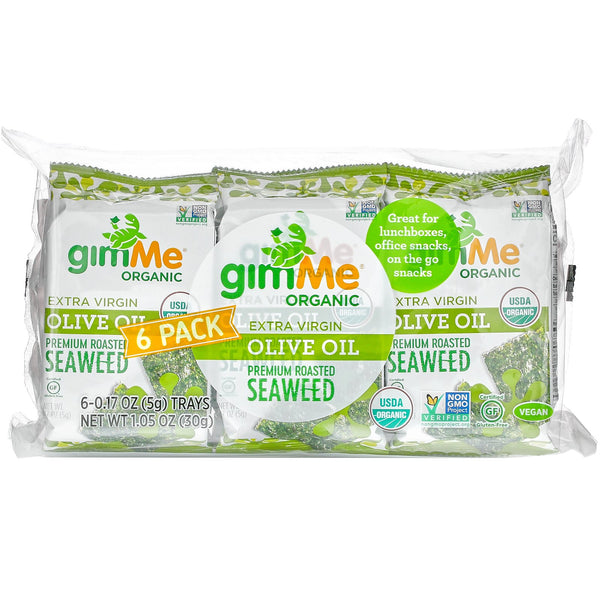 gimMe, Premium Roasted Seaweed, Extra Virgin Olive Oil, 6 Pack. 0.17 oz (5 g) Each - The Supplement Shop