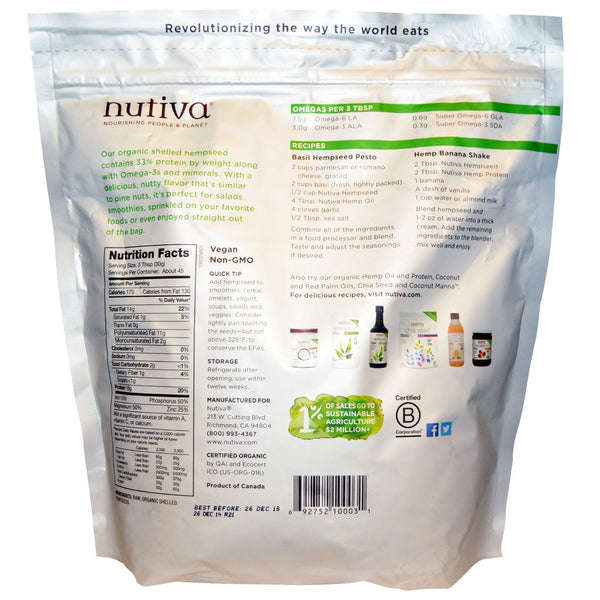 Nutiva, Organic Hemp Seed Raw Shelled, 3 lbs (1.36 kg) - The Supplement Shop
