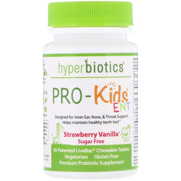 Hyperbiotics, PRO-Kids ENT, Strawberry Vanilla, Sugar Free, 45 Patented LiveBac Chewable Tablets