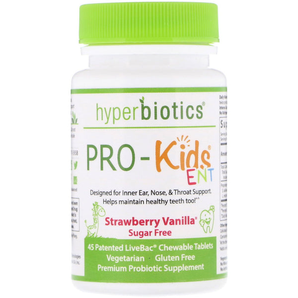 Hyperbiotics, PRO-Kids ENT, Strawberry Vanilla, Sugar Free, 45 Patented LiveBac Chewable Tablets - The Supplement Shop