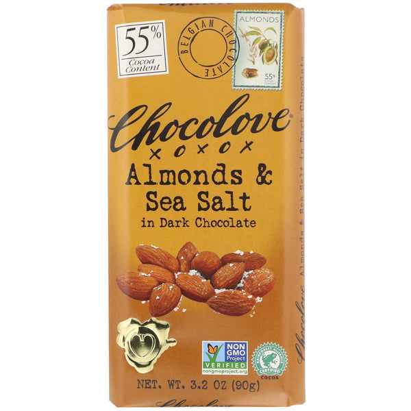 Chocolove, Almonds & Sea Salt in Dark Chocolate, 55% Cocoa, 3.2 oz (90 g) - The Supplement Shop