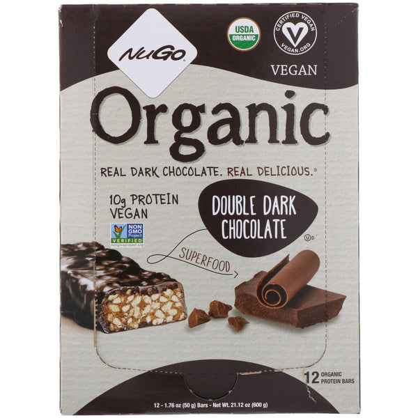 NuGo Nutrition, Organic Protein Bars, Double Dark Chocolate, 12 Bars, 1.76 oz (50 g) Each - The Supplement Shop
