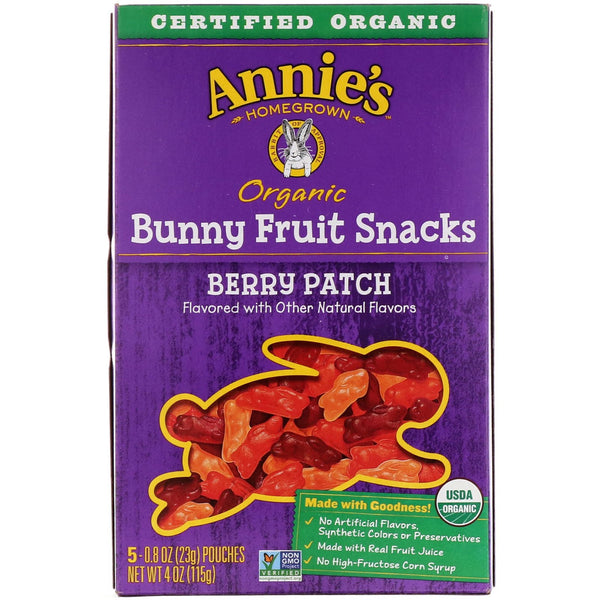 Annie's Homegrown, Organic Bunny Fruit Snacks, Berry Patch, 5 Pouches, 0.8 oz (23 g) Each - The Supplement Shop