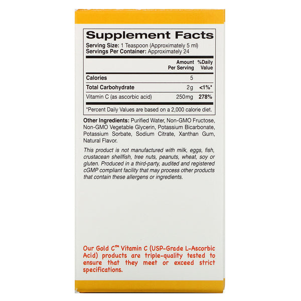 California Gold Nutrition, Children's Liquid Gold Vitamin C, USP Grade, Natural Orange Flavor, 4 fl oz (118 ml) - The Supplement Shop