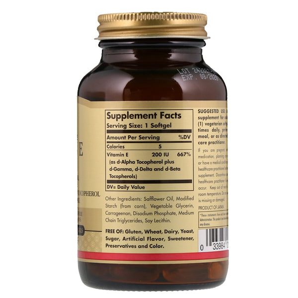Solgar, Naturally Sourced Vitamin E, 200 IU, 100 Vegetarian Softgels - The Supplement Shop