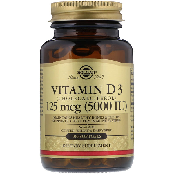 Solgar, Vitamin D3 (Cholecalciferol), 125 mcg (5,000 IU), 100 Softgels - The Supplement Shop