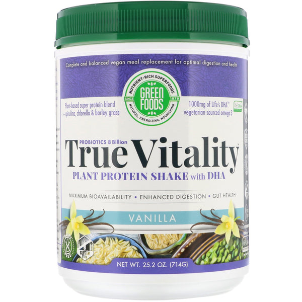 Green Foods , True Vitality, Plant Protein Shake with DHA, Vanilla, 25.2 oz (714 g) - The Supplement Shop