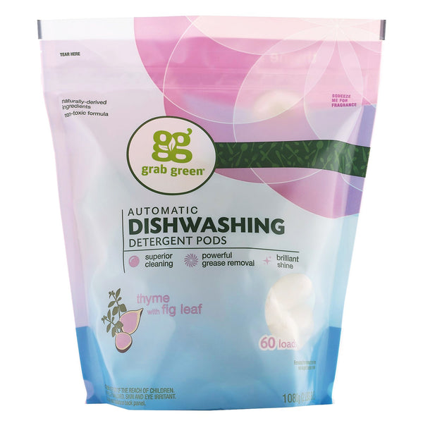 Grab Green, Automatic Dishwashing Detergent Pods, Thyme with Fig Leaf, 60 Loads,2lbs, 6oz (1,080 g) - The Supplement Shop