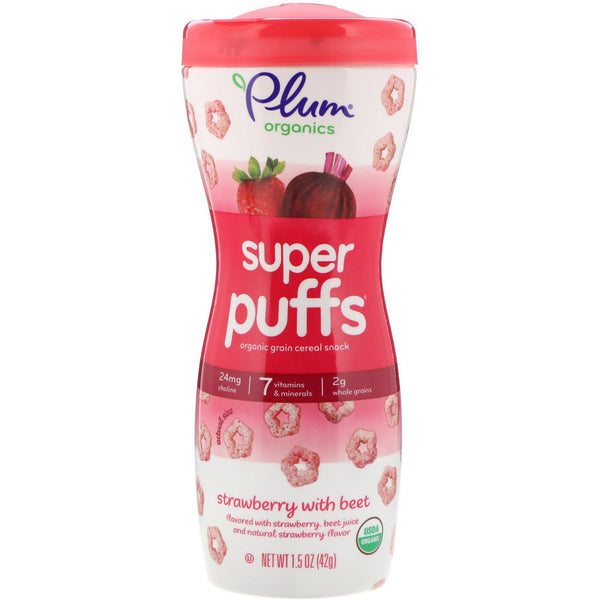Plum Organics, Super Puffs, Organic Grain Cereal Snack, Strawberry with Beet, 1.5 oz (42 g) - The Supplement Shop