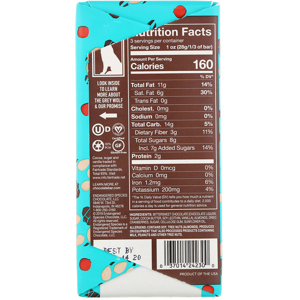 Endangered Species Chocolate, Cranberries, Almonds + Dark Chocolate, 72% Cocoa, 3 oz (85 g) - The Supplement Shop