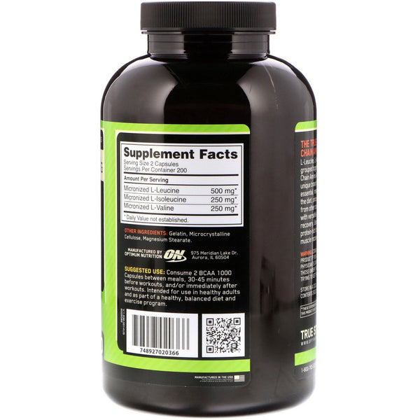 Optimum Nutrition, BCAA 1000 Caps, Mega-Size, 1 g, 400 Capsules - The Supplement Shop