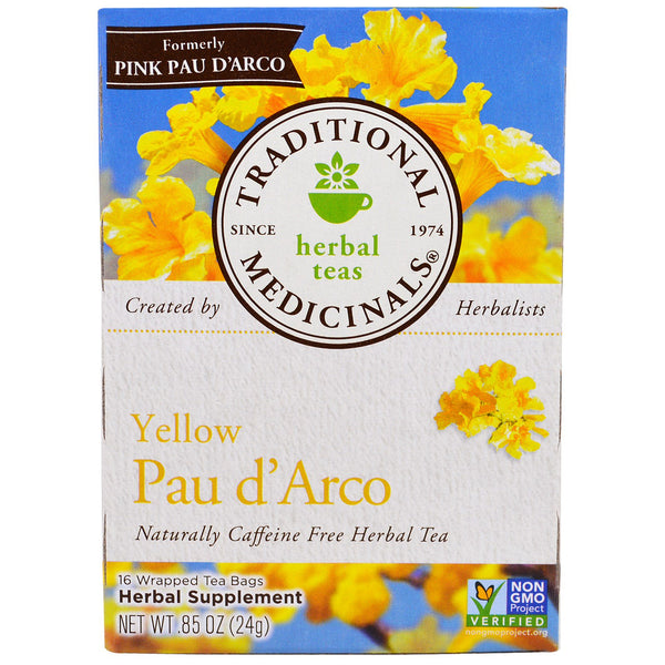 Traditional Medicinals, Herbal Teas, Yellow Pau d' Arco, Naturally Caffeine Free, 16 Wrapped Tea Bags, .85 oz (24 g) - The Supplement Shop