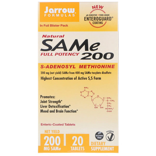 Jarrow Formulas, Natural SAM-e (S-Adenosyl-L-Methionine) 200, 200 mg, 20 Enteric-Coated Tablets - The Supplement Shop