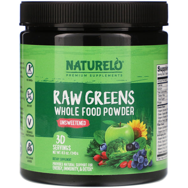 NATURELO, Raw Greens, Whole Food Powder, Unsweetened, 8.5 oz (240 g) - The Supplement Shop