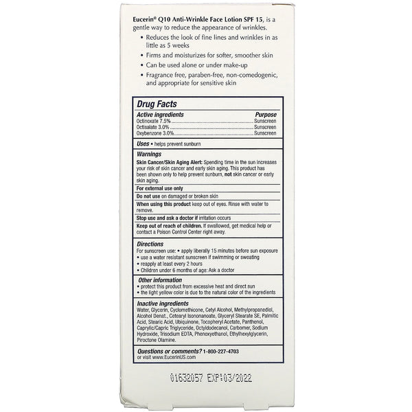 Eucerin, Q10 Anti-Wrinkle Sensitive Skin Lotion, SPF 15 Sunscreen, 4 fl oz (118 ml) - The Supplement Shop