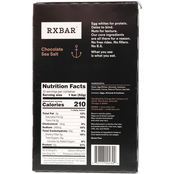 RXBAR, Protein Bars, Chocolate Sea Salt, 12 Bars, 1.83 oz (52 g) Each - The Supplement Shop