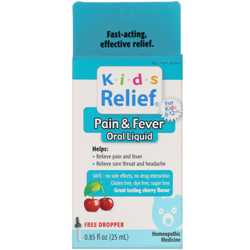 Homeolab USA, Kids Relief, Pain & Fever Oral Liquid, Cherry Flavor, For Kids 0-12 Yrs, 0.85 fl oz (25 ml)