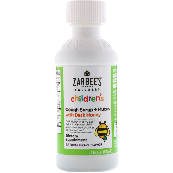 Zarbee's, Children's Cough Syrup + Mucus, Dark Honey & Ivy Leaf, Natural Grape Flavor, For Children 12 Months+, 4 fl oz (118 ml) - The Supplement Shop
