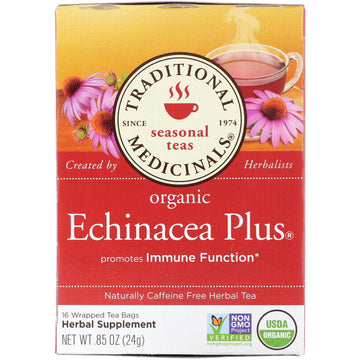 Traditional Medicinals, Seasonal Teas, Organic Echinacea Plus, Naturally Caffeine Free, 16 Wrapped Tea Bags, .85 oz (24 g)