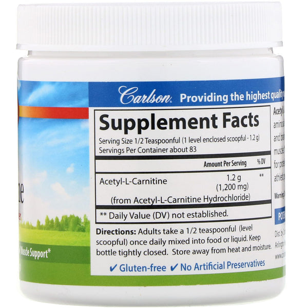 Carlson Labs, Acetyl L-Carnitine, Amino Acid Powder, 3.53 oz (100 g) - The Supplement Shop